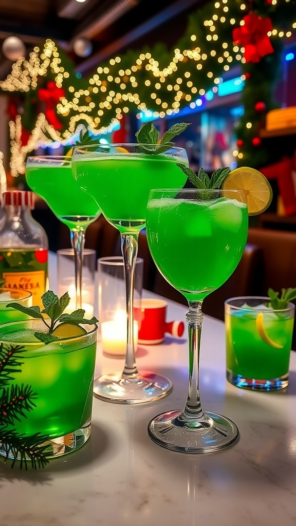 Festive green cocktails garnished with mint and lime on a holiday-themed table.